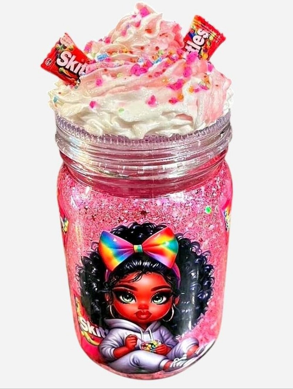 Handcrafted Skittles Candy 20oz Mason Jar Glitter Mug Tumbler Cartoon Girl Pink